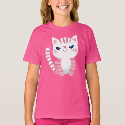 ピンクストライプのの猫 Tシャツ (正面)