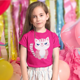 ピンクストライプのの猫 Tシャツ