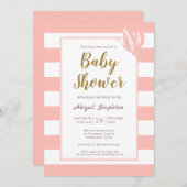 ピンクストライプのの赤ちゃんシャワー 招待状 (正面/裏面)