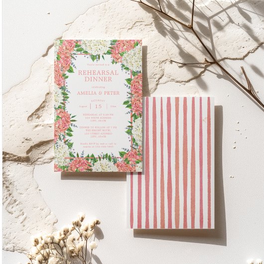 ピンクストライプのアジサイ結婚ズのリハーサルディナー 招待状