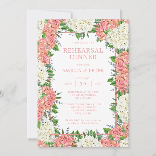 ピンクストライプのアジサイ結婚ズのリハーサルディナー 招待状 (正面)