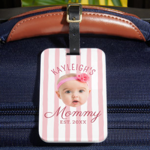 ピンクストライプのカスタムフェイスフォトギフト Mom Mommy ラゲッジタグ