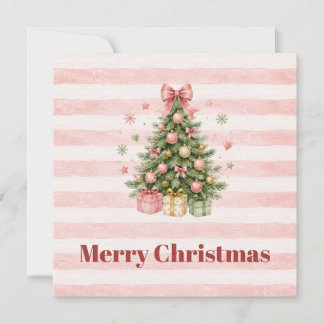 ピンクストライプのクリスマスツリーフォトホリデーグリーティング シーズンカード