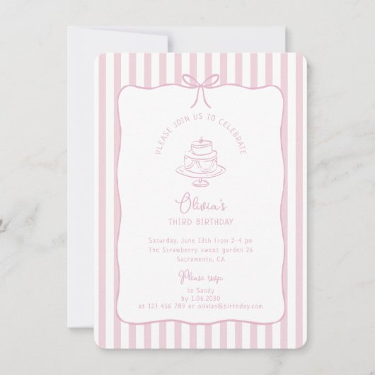 ピンクストライプのク、ボーお洒落フ、誕生日 招待状 (正面)
