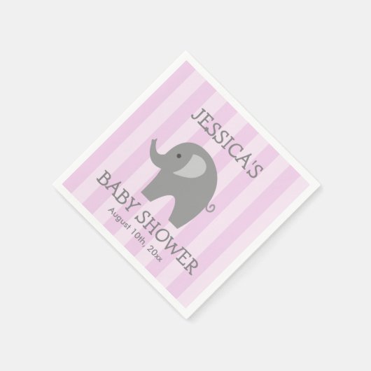 ピンクストライプのグレイ象の赤ちゃんシャワーナプキン スタンダードカクテルナプキン (角)