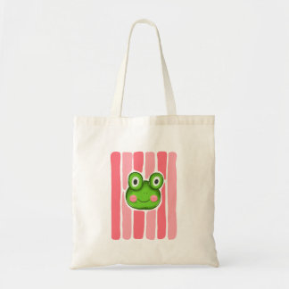 ピンクストライプのトートバッグに可愛いカエルイラスト トートバッグ