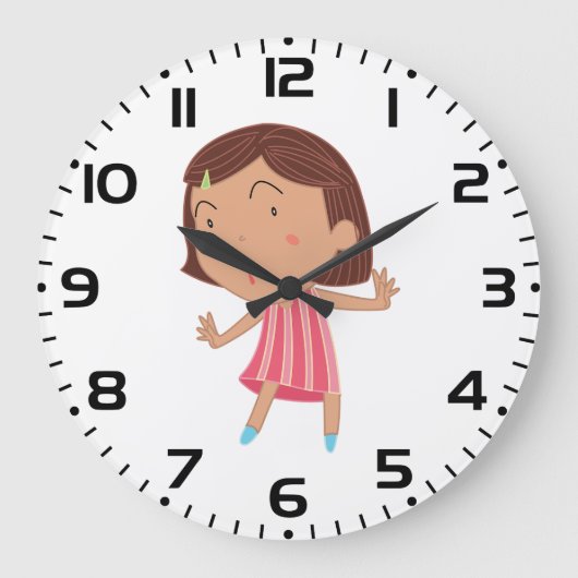 ピンクストライプのドレスを着たお茶目な小さな女の子 ラージ壁時計 (正面)