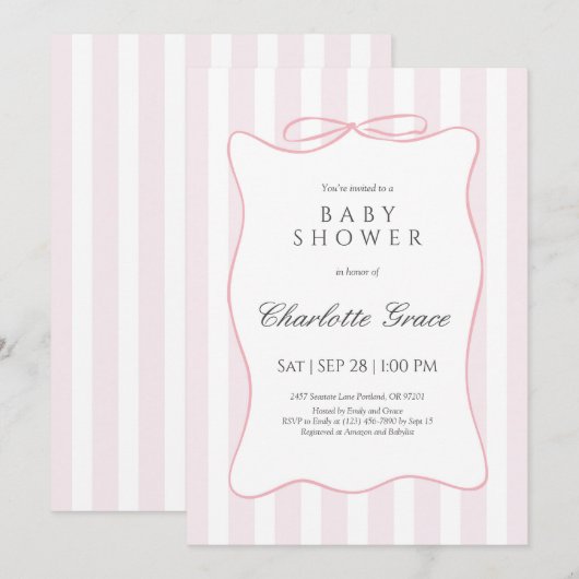 ピンクストライプのバウ赤ちゃんシャワー招待状 サンキューカード (正面/裏面)