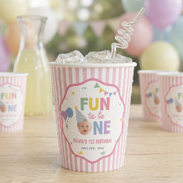 ピンクストライプのバースデーペーパーカップで楽しい1歳の誕生日を 紙コップ