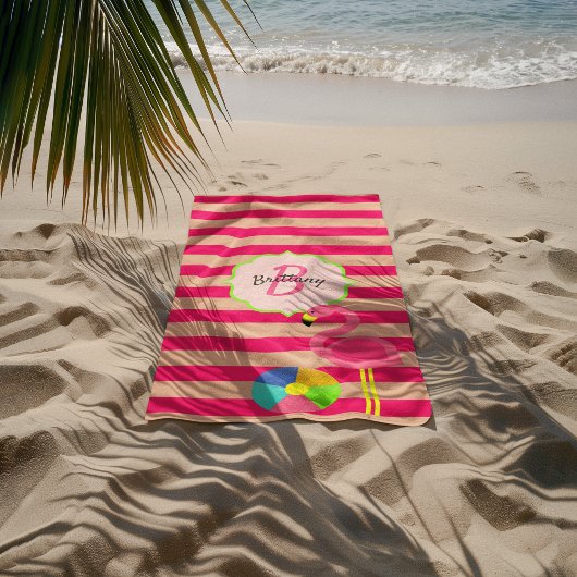 ピンクストライプのフラミンゴモノグラムのビーチタオル ビーチタオル
