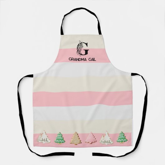 ピンクストライプのフローラモノグラムクリスマスクッキー エプロン (正面)