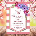 ピンクストライプのフローラ16th誕生日パーティー 招待状<br><div class="desc">ピンクストライプのラベンダーフローラ16th birthday party invitation.</div>
