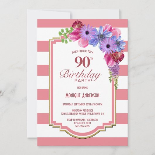 ピンクストライプのフローラ90th誕生日パーティー 招待状 (正面)