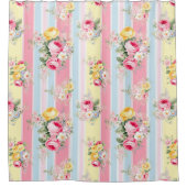 ピンクストライプのフローラ シャワーカーテン (正面)
