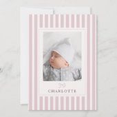 ピンクストライプのベビーと弓の誕生発表 案内状 (正面)
