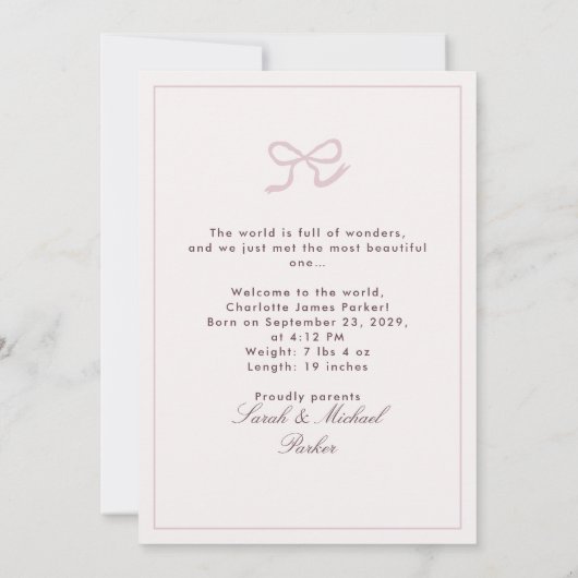 ピンクストライプのベビーと弓の誕生発表 案内状 (裏面)