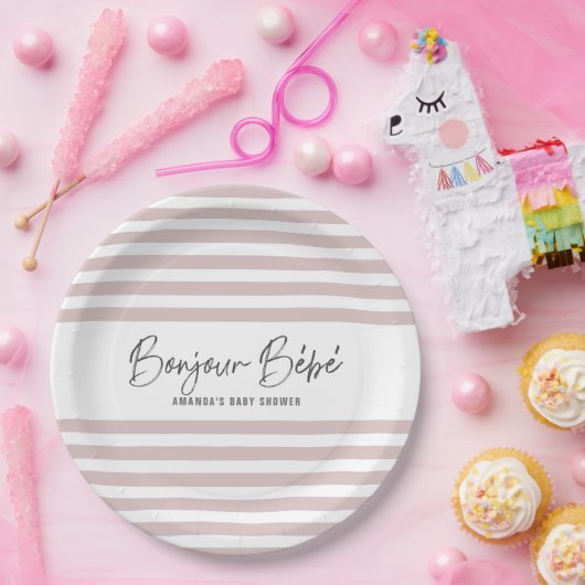 ピンクストライプのボンジュールベ ペーパープレート (パーティー)