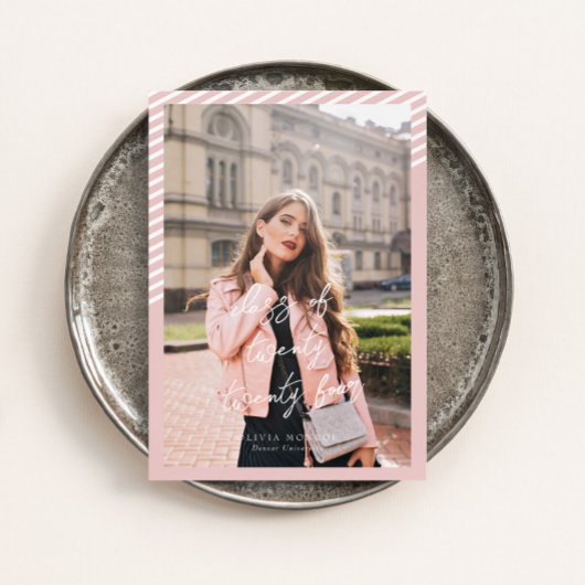 ピンクストライプのモダンミニマル写真卒業 招待状