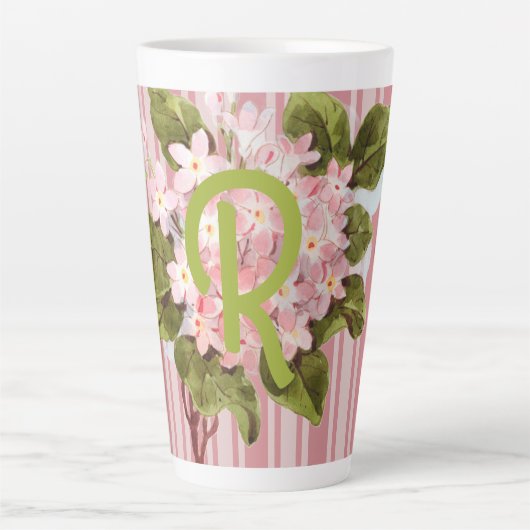 ピンクストライプのモノグラムと花 カフェラテマグ (正面)