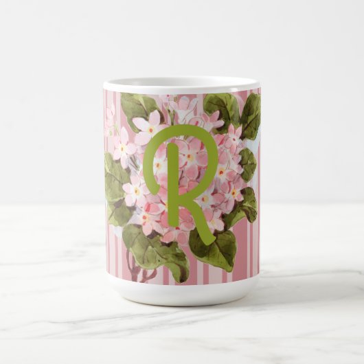 ピンクストライプのモノグラムと花 コーヒーマグカップ (中央)