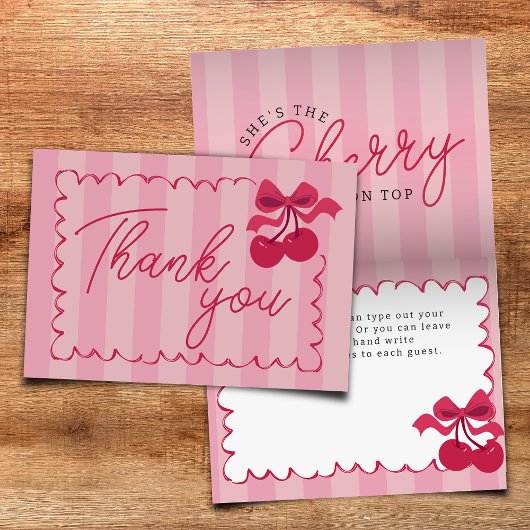 ピンクストライプのヴィンテージさくらんぼベビーシャワーフラット サンキューカード