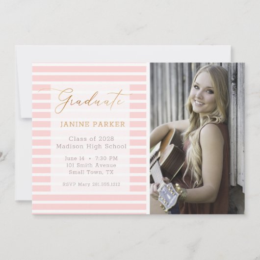ピンクストライプの写真を追加する卒業式 案内状 (正面)