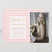 ピンクストライプの写真を追加する卒業式 案内状 (正面/裏面)