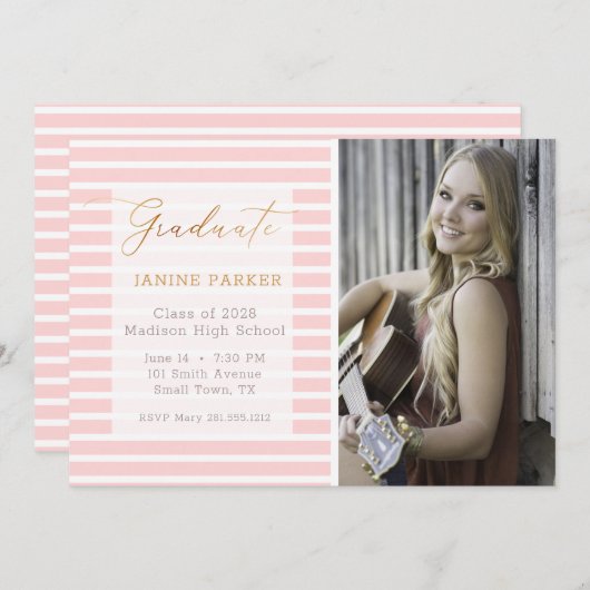 ピンクストライプの写真を追加する卒業式 案内状 (正面/裏面)