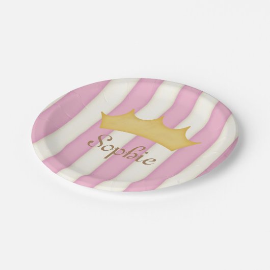 ピンクストライプの名パーソナライズされた前プリンセスクラウンテープ ペーパープレート (アングル)
