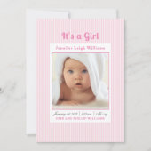 ピンクストライプの女の子の誕生のお知らせ 招待状 (正面)