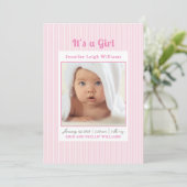 ピンクストライプの女の子の誕生のお知らせ 招待状 (スタンド正面)