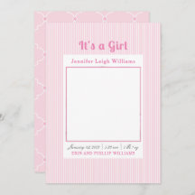 ピンクストライプの女の子の誕生のお知らせ