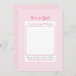 ピンクストライプの女の子の誕生のお知らせ 招待状