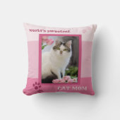 ピンクストライプの猫ママ写真枕 クッション (正面)