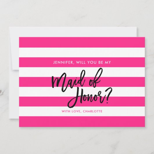 ピンクストライプの白いメイド・オブ・オーナー(花嫁付き添い人) 招待状 (正面)