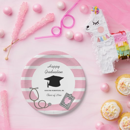 ピンクストライプの看護学校卒業紙プラット ペーパープレート (パーティー)
