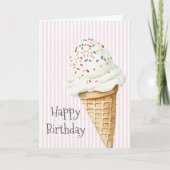 ピンクストライプの紙吹雪アイスクリームコーンの誕生日 カード (正面)