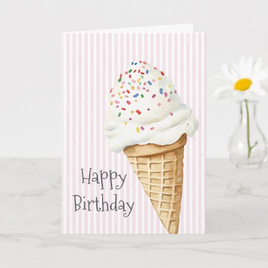 ピンクストライプの紙吹雪アイスクリームコーンの誕生日 カード (小さな植物)