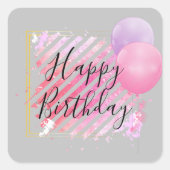 ピンクストライプの絵を描ブラシのストロークとバルーン スクエアシール (正面)