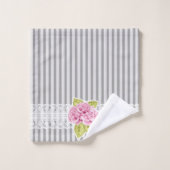 ピンクストライプの花を持つ灰色の花 バスタオルセット (ウォッシュタオル)