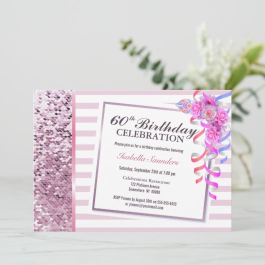 ピンクストライプの誕生日と続編60th誕生日パーティー 招待状 (スタンド正面)