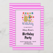 ピンクストライプの誕生日パーティーへの招待 招待状 (正面/裏面)