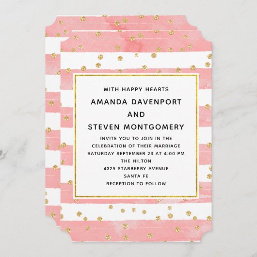 ピンクストライプの赤面と金ゴールド結婚紙吹雪 招待状 (正面/裏面)