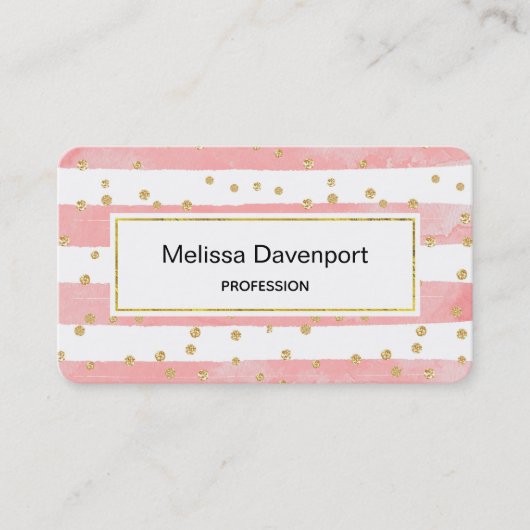 ピンクストライプの赤面フェイク紙吹雪 名刺 (正面)