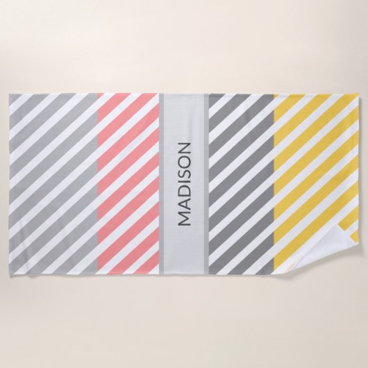 ピンクストライプの黄シンプル数々の色クールユニーク ビーチタオル (正面)