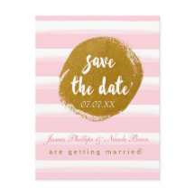 ピンクストライプの&ゴールドフォイル日付ポストカードを保存