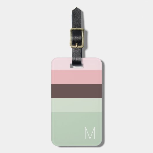 ピンクストライプの、緑、茶色のモノグラム ラゲッジタグ (正面縦)