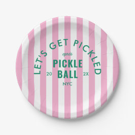 ピンクストライプの「Let's Get Pickled Après Pickleball」 ペーパープレート