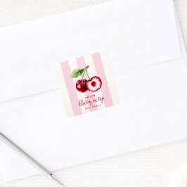 ピンクストライプの「She's the Cherry on Top」ベビーシャワー スクエアシール
