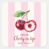 ピンクストライプの「She's the Cherry on Top」ベビーシャワー スクエアシール (正面)